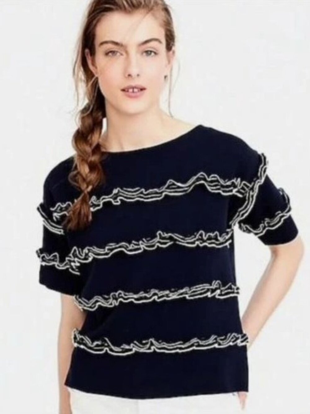 J.Crew Navy Blue Ruffled Tiered Knit Top Boat Neck Short Sleeve Preppy Sweater